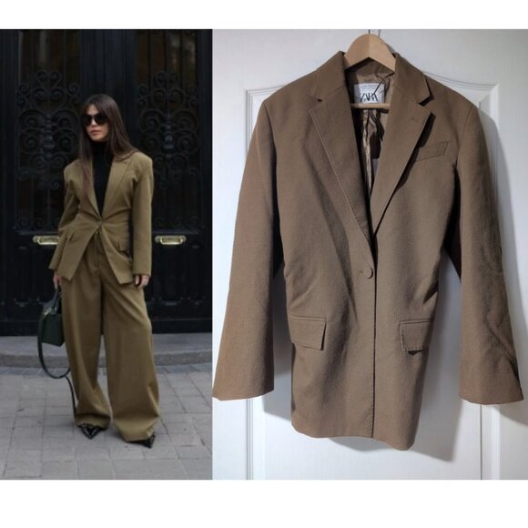 Zara | 100% Wool Fitted Blazer In Dark Camel - Picture 1 of 14